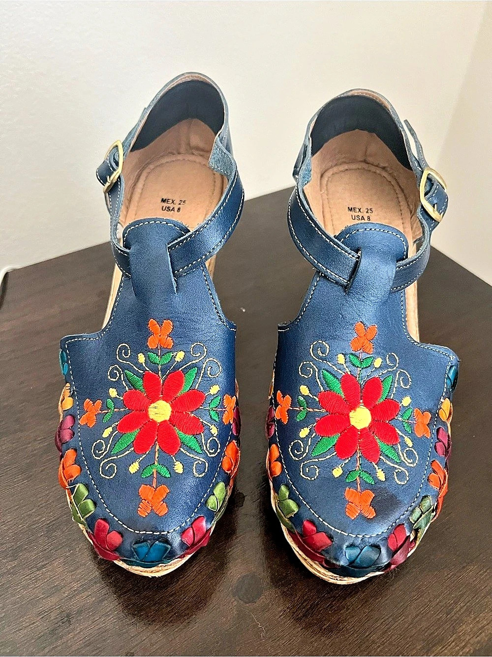 Mexican Huarache Floral Embroidered Wedge Sandals Blue US 8